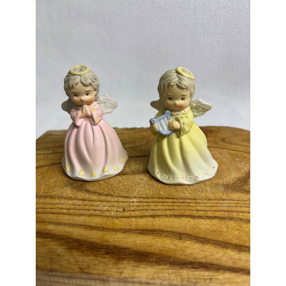 Angelcore Pink Yellow Ceramic Cherub Angel Figurine Set Religious Cherub Heaven